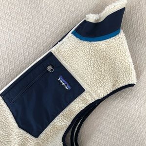 Patagonia faux fur vest, tan w/ blue details